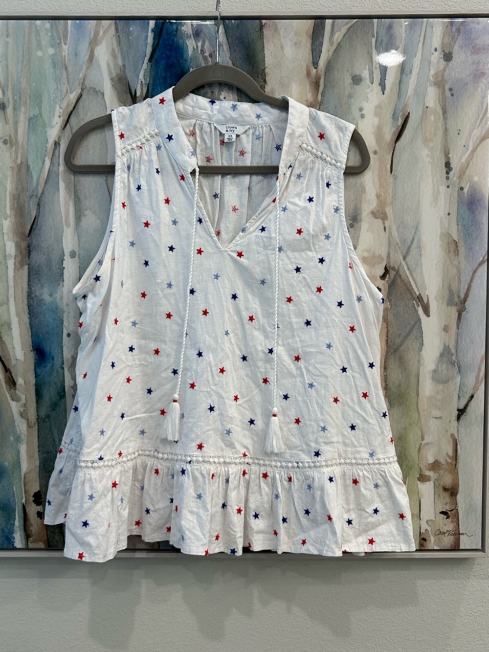 crown & ivy White Sleeveless Star-Print Tassel Peasant Top
